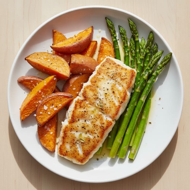 Pan-Seared Cod with Roasted Sweet Potatoes and Asparagus