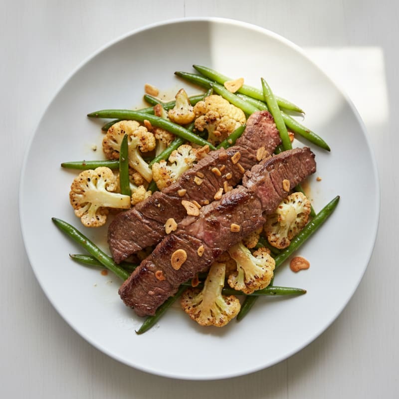 Seared Lean Beef Strips with Roasted Cauliflower and Green Beans