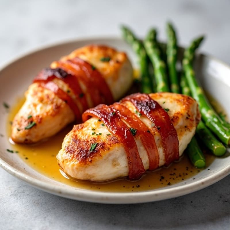 Crispy Bacon-Wrapped Chicken with Roasted Asparagus and Sweet Potatoes