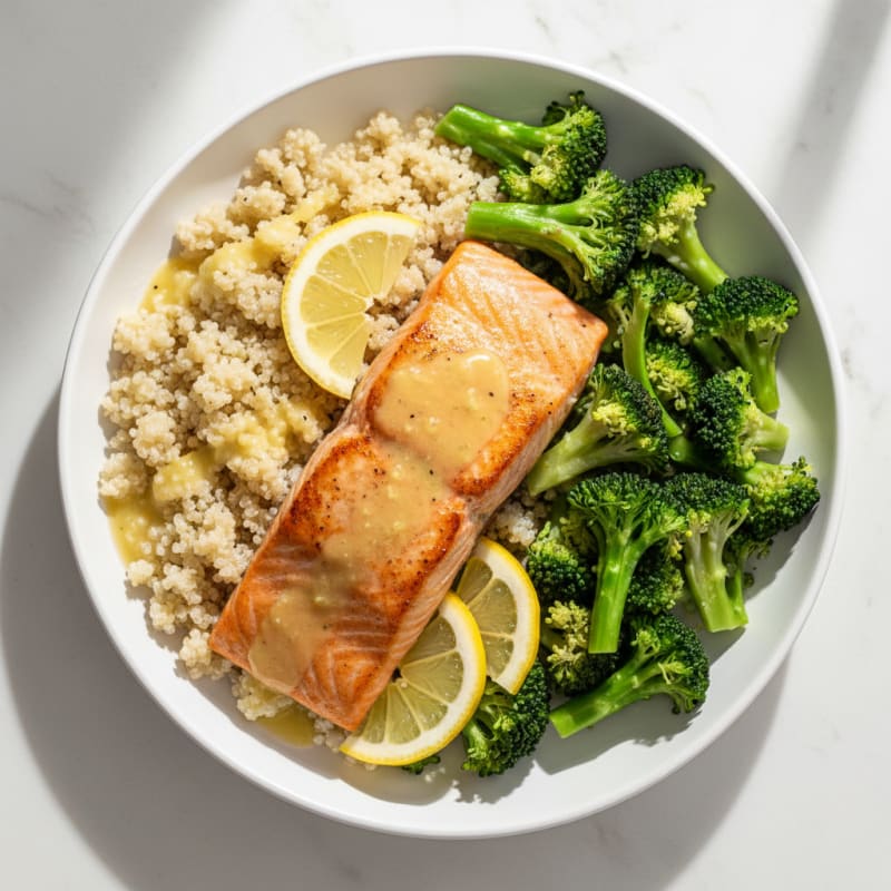 Seared Salmon Fillet with Steamed Broccoli and Quinoa