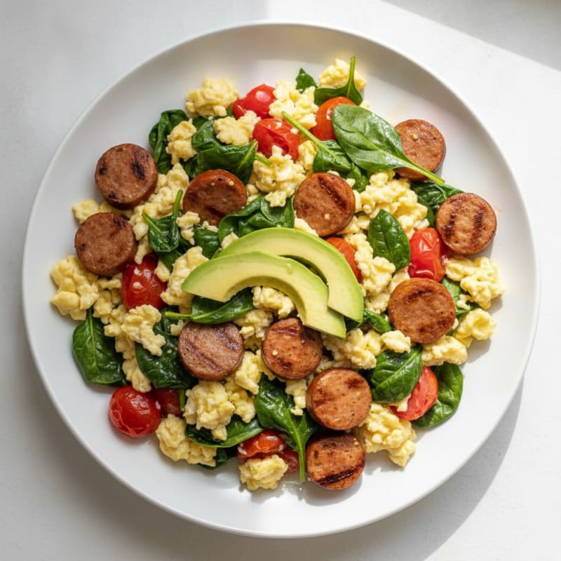 Egg White and Chicken Sausage Scramble with Spinach and Tomatoes
