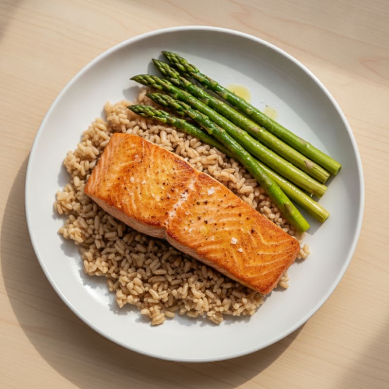 Seared Salmon with Steamed Asparagus and Brown Rice