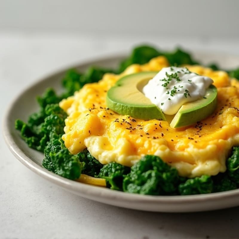 Creamy Scrambled Eggs with Sautéed Spinach and Avocado