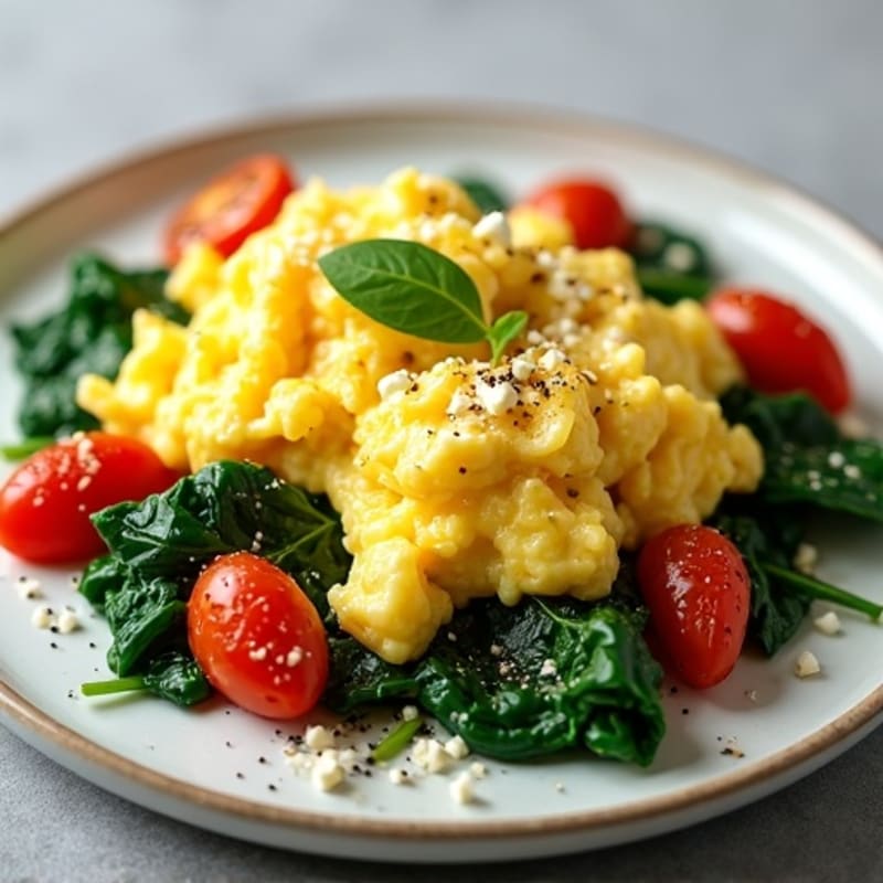 Fluffy Scrambled Eggs with Sautéed Greens and Cherry Tomatoes
