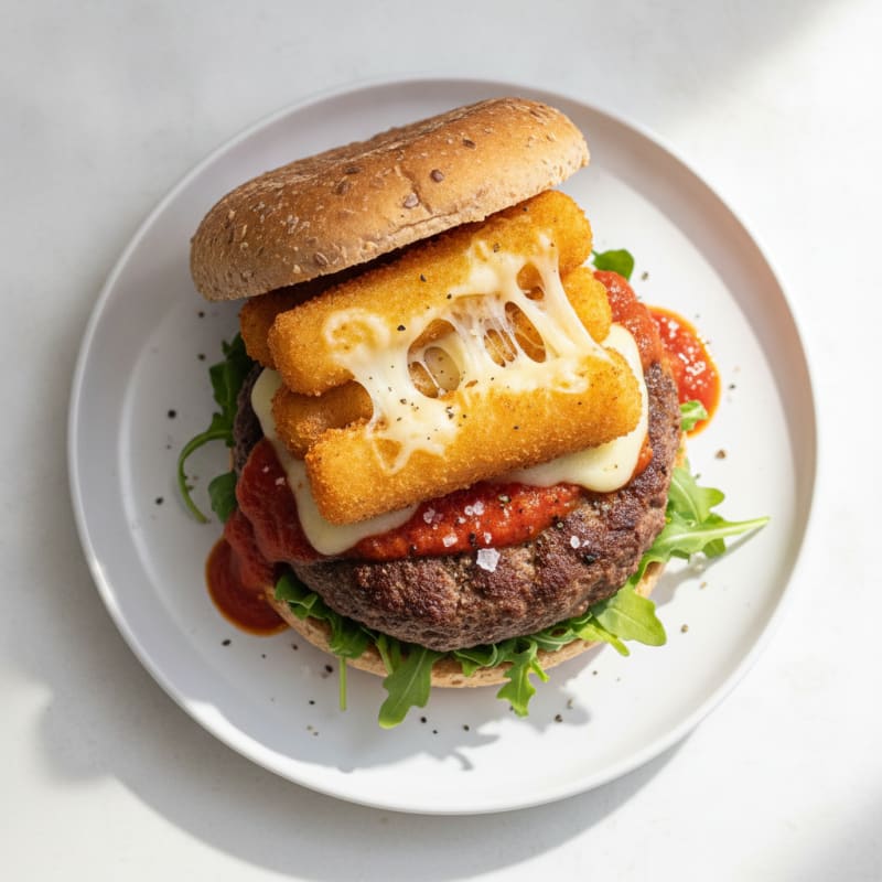 Mozzarella Stick Beef Burger with Marinara