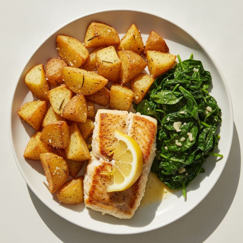 Pan-Seared White Fish with Crispy Potato Wedges and Garlic Spinach
