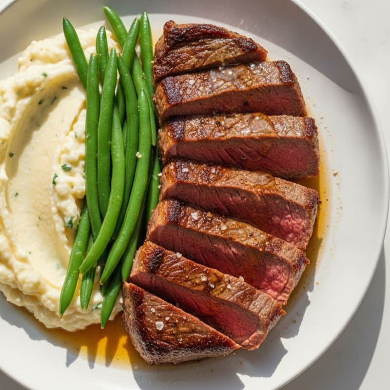 Seared Sirloin Steak with Steamed Green Beans and Cauliflower Mash