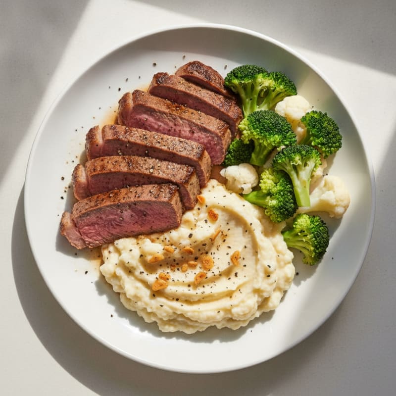 Seared Lean Beef with Steamed Broccoli and Cauliflower Mash
