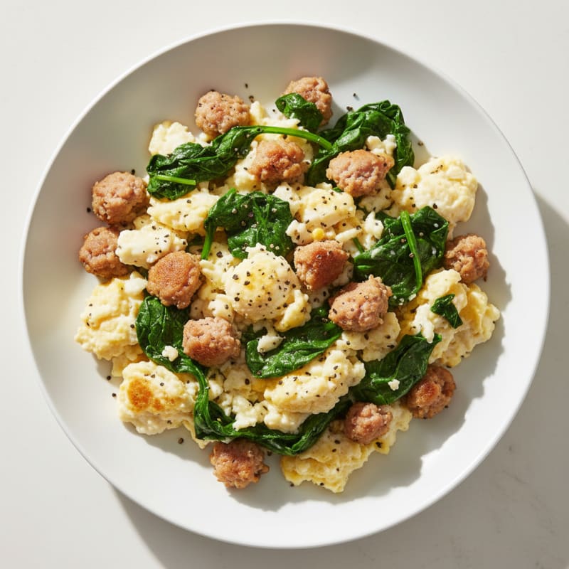 Scrambled Egg Whites with Turkey Sausage and Sautéed Spinach