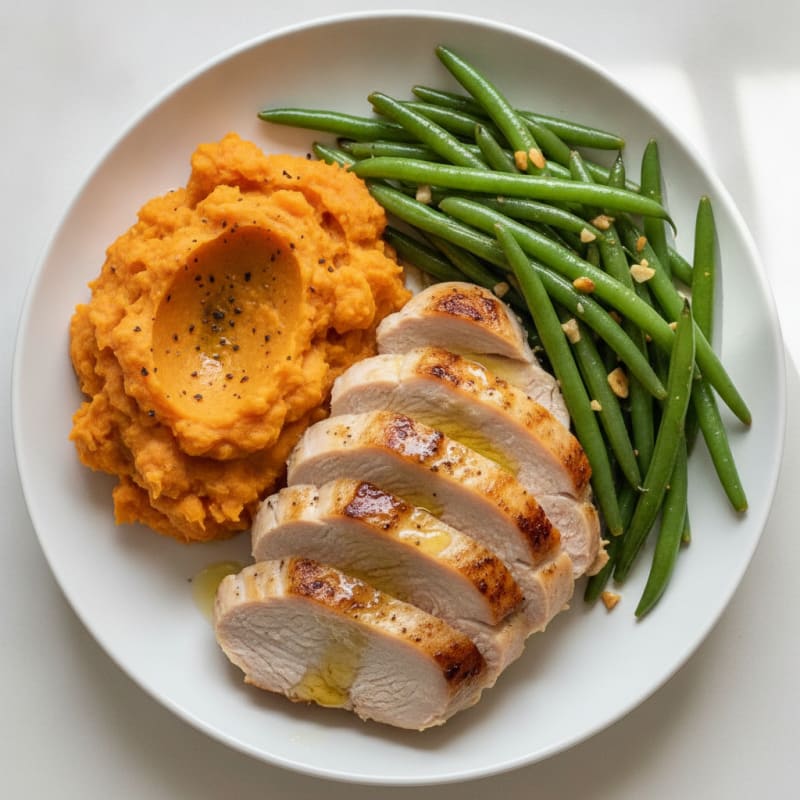 Seared Turkey Breast with Garlic Green Beans and Mashed Sweet Potato