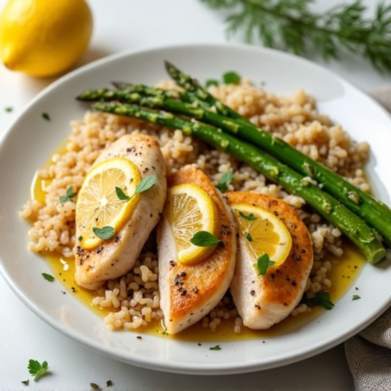 Lemon Herb Roasted Chicken with Fluffy Brown Rice and Roasted Asparagus