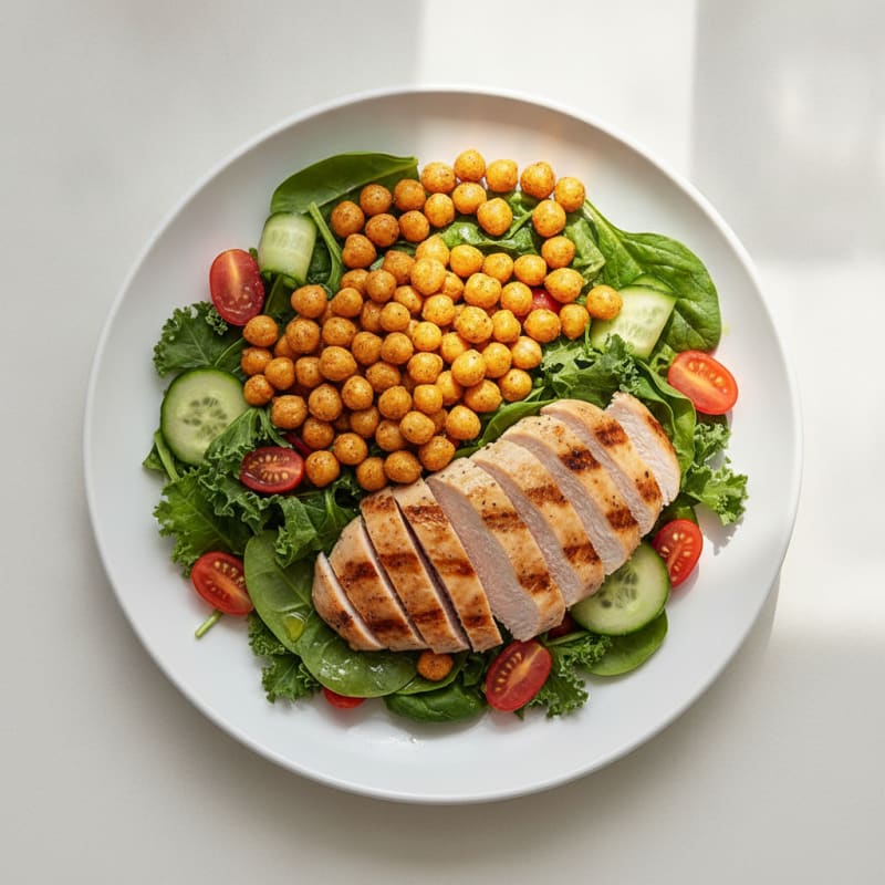 Grilled Turkey Breast Salad with Roasted Chickpeas and Mixed Greens