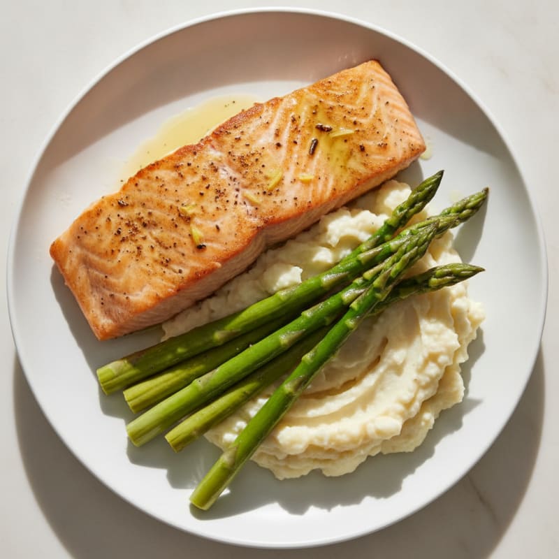 Seared Salmon with Steamed Asparagus and Garlic Mashed Cauliflower