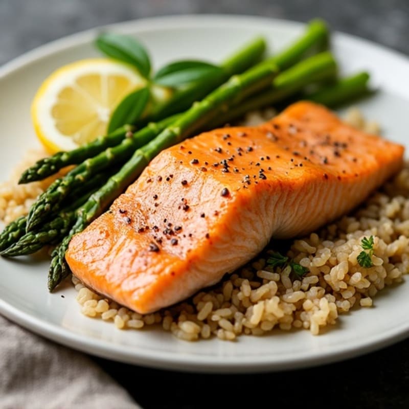 Seared Salmon with Steamed Asparagus and Lemon Zest Brown Rice
