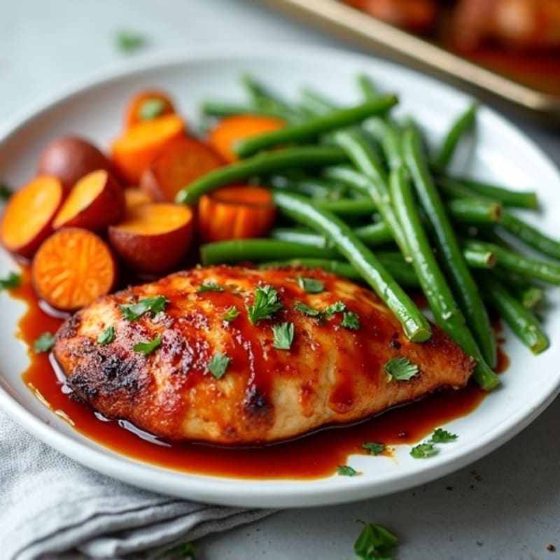 Sheet Pan BBQ Chicken with Roasted Sweet Potatoes and Crispy Green Beans