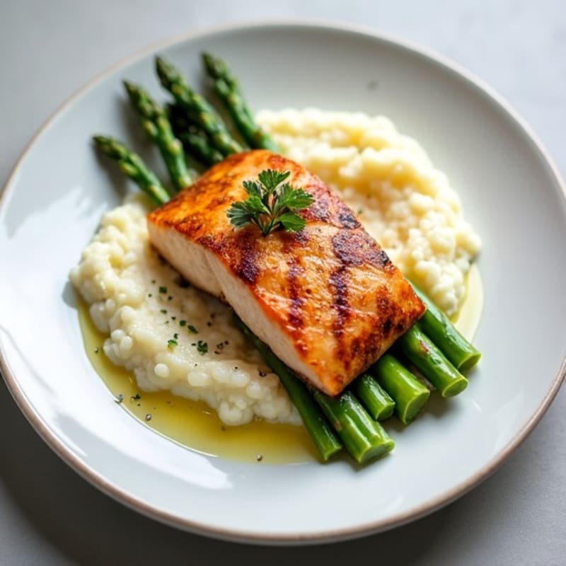 Seared Salmon with Steamed Asparagus and Cauliflower Mash