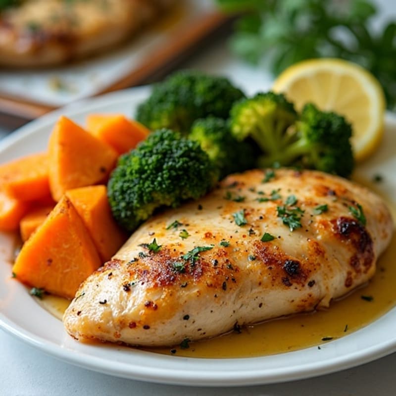 Sheet Pan Lemon-Herb Chicken with Roasted Sweet Potatoes and Crispy Broccoli
