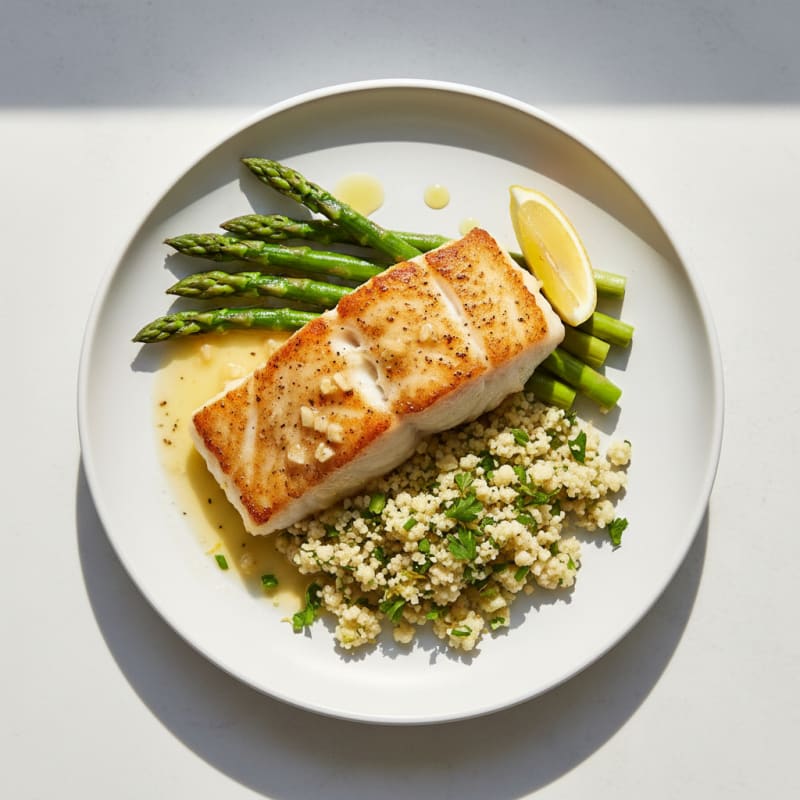 Seared Cod with Steamed Asparagus and Herbed Cauliflower Rice