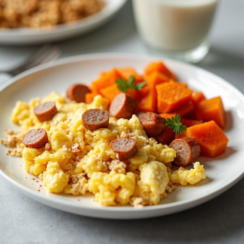 Egg White and Turkey Sausage Scramble with Roasted Sweet Potatoes & Oatmeal