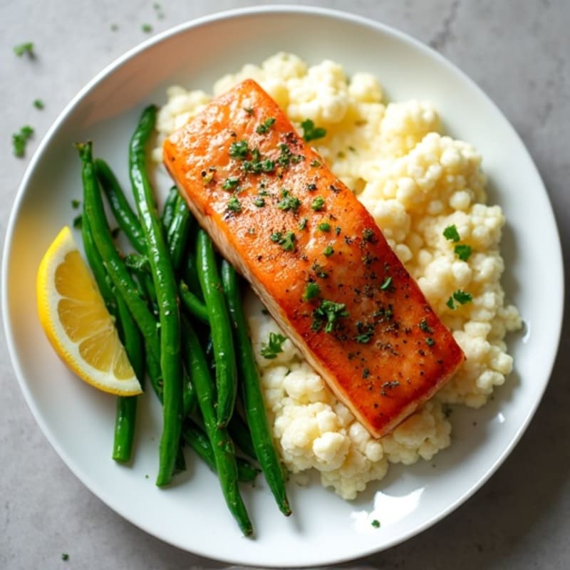 Seared Salmon with Garlic Green Beans and Cauliflower Mash