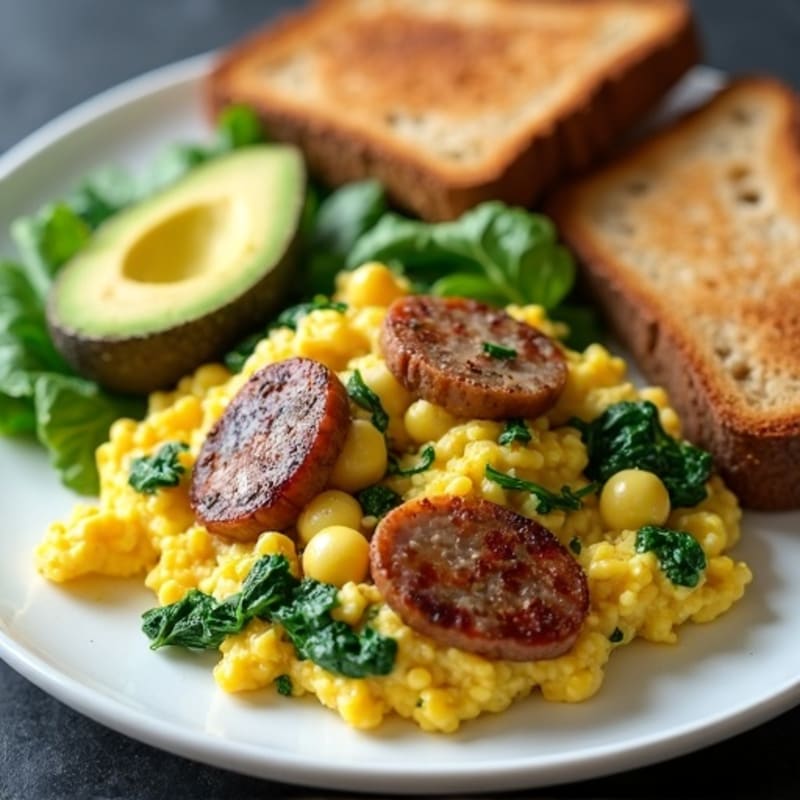 Egg White and Turkey Sausage Scramble with Sautéed Spinach