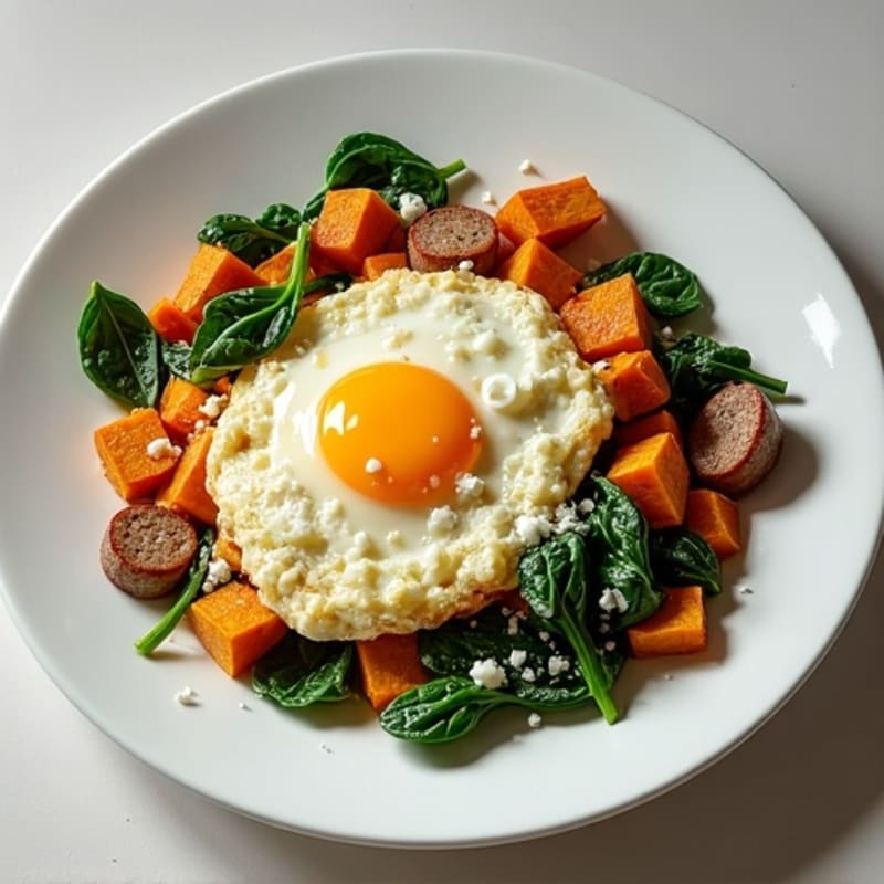 Egg White and Turkey Sausage Scramble with Spinach and Roasted Sweet Potatoes