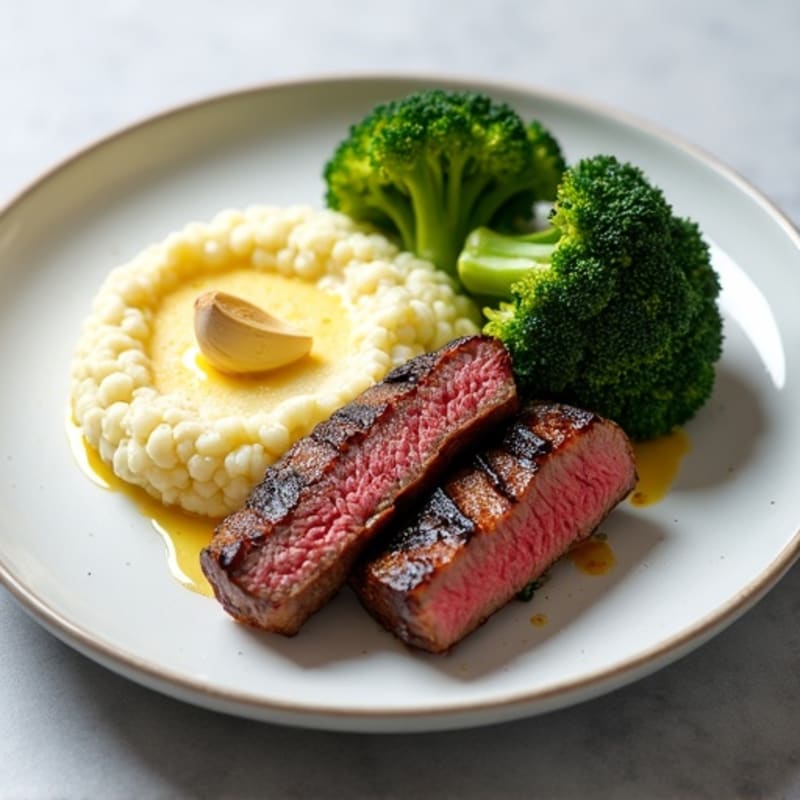Seared Lean Beef Strips with Roasted Broccoli and Garlic Cauliflower Mash