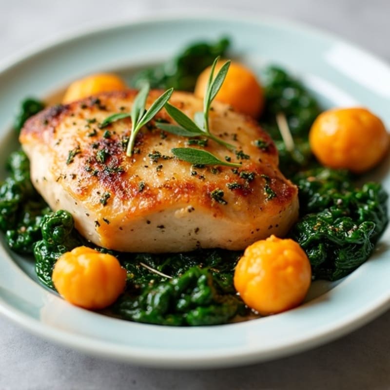 Sweet Potato Gnocchi with Herb-Roasted Chicken and Sautéed Spinach