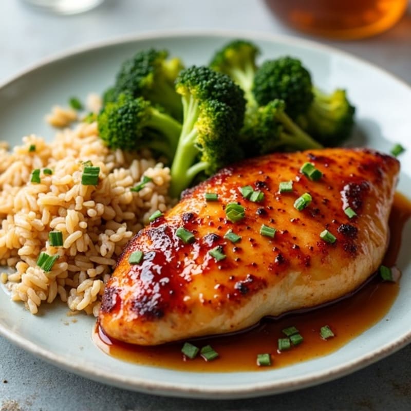Sticky Glazed Chicken with Brown Rice and Roasted Broccoli