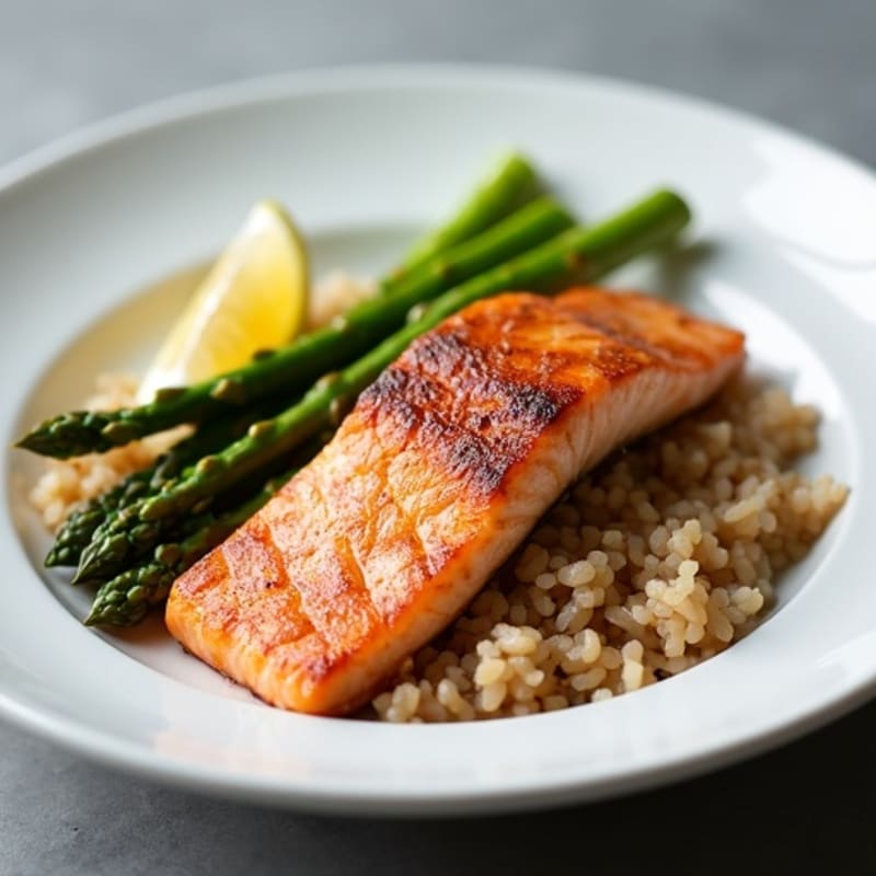 Seared Salmon with Steamed Asparagus and Brown Rice