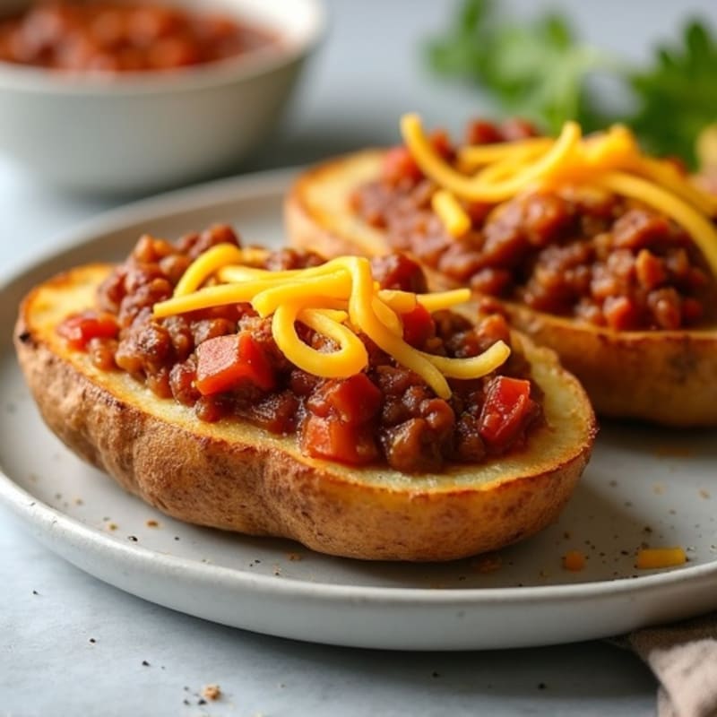 Crispy Baked Potato Skins with Lean Chili and Melted Cheddar