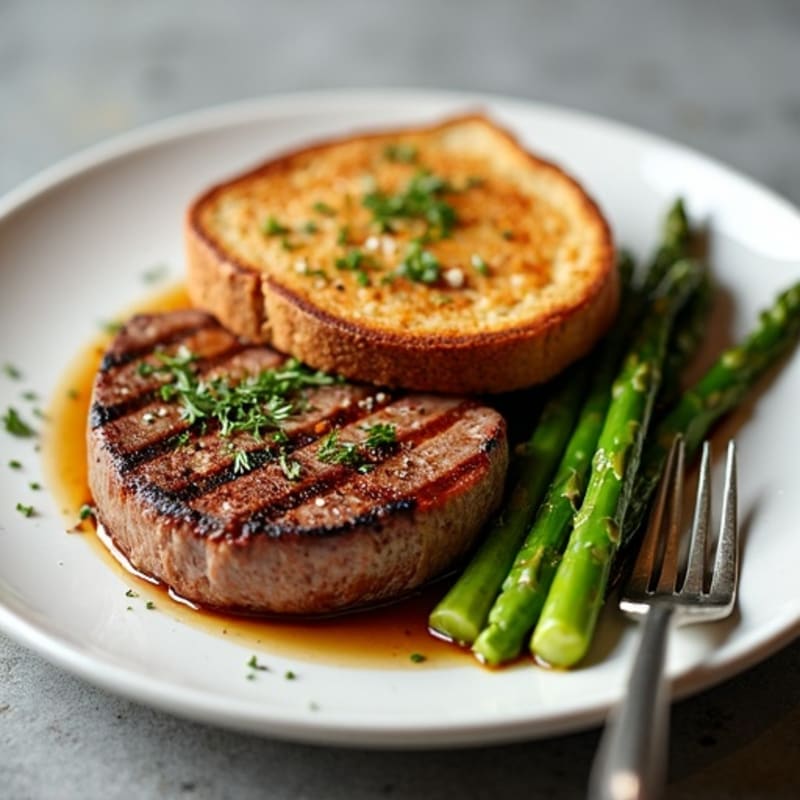 Grilled Steak with Crispy Whole Wheat Garlic Toast and Roasted Asparagus