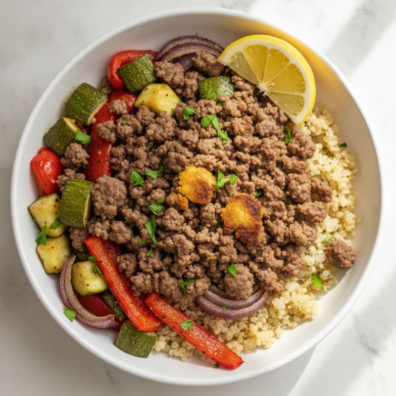 Ground Beef and Roasted Vegetable Bowl with Quinoa