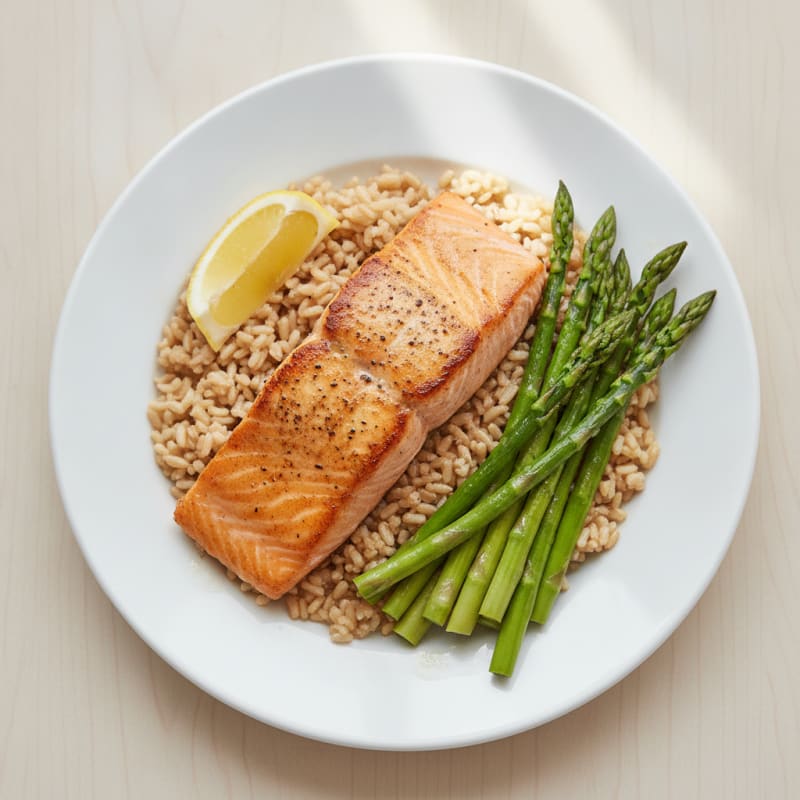 Seared Salmon with Steamed Asparagus and Brown Rice