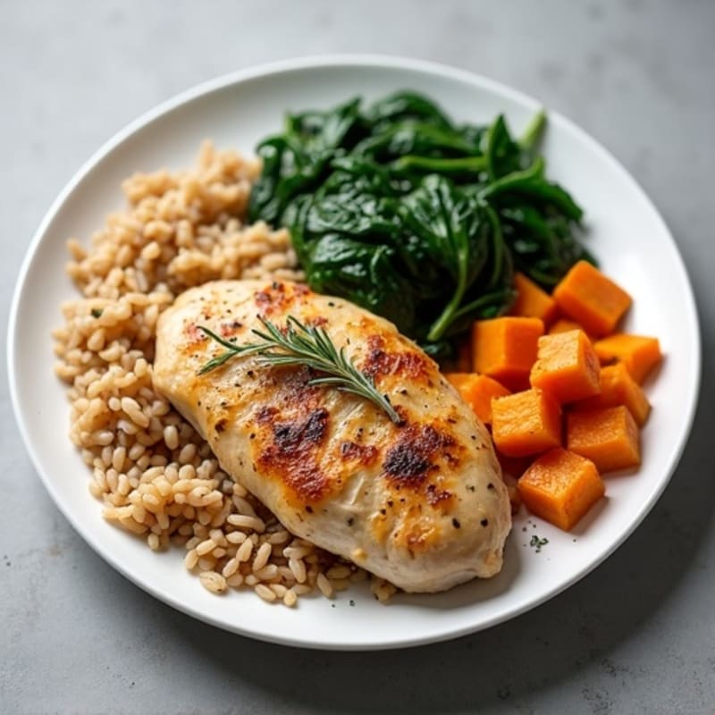 Herb-Roasted Chicken with Crispy Sweet Potatoes, Brown Rice, and Sautéed Spinach