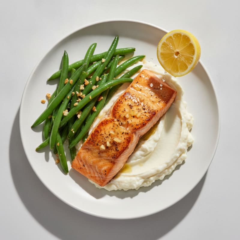 Seared Salmon with Garlic Green Beans and Cauliflower Mash