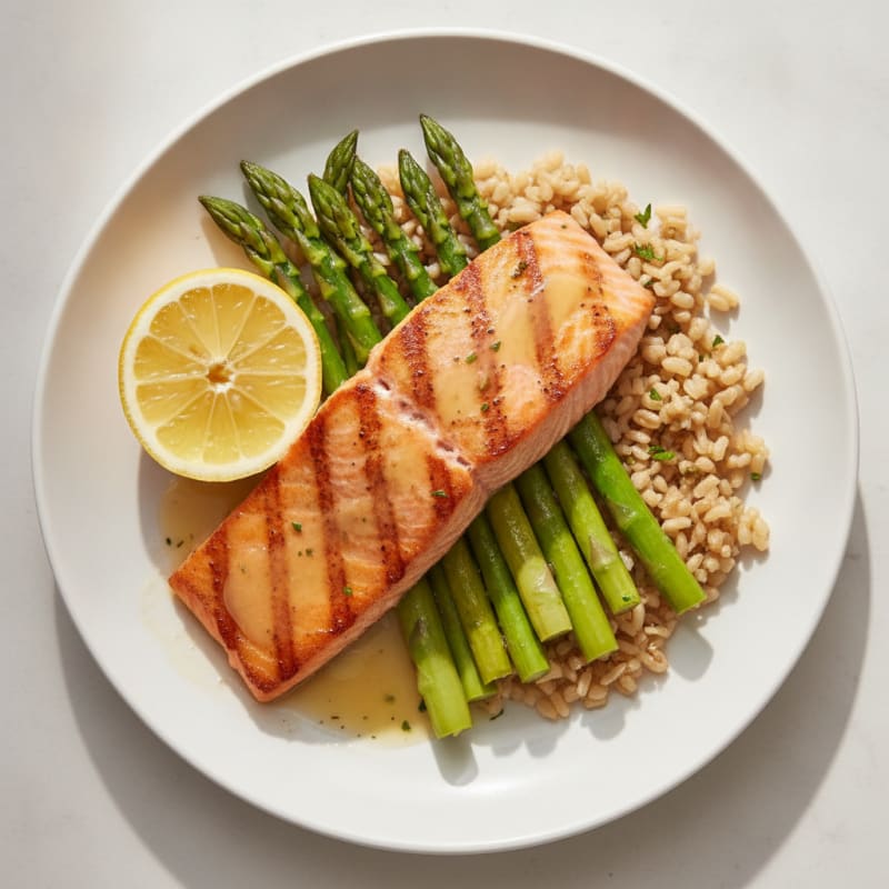 Seared Salmon Fillet with Steamed Asparagus and Brown Rice