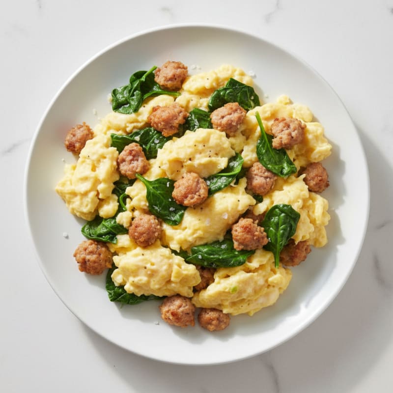 Creamy Scrambled Eggs with Turkey Sausage and Sautéed Spinach