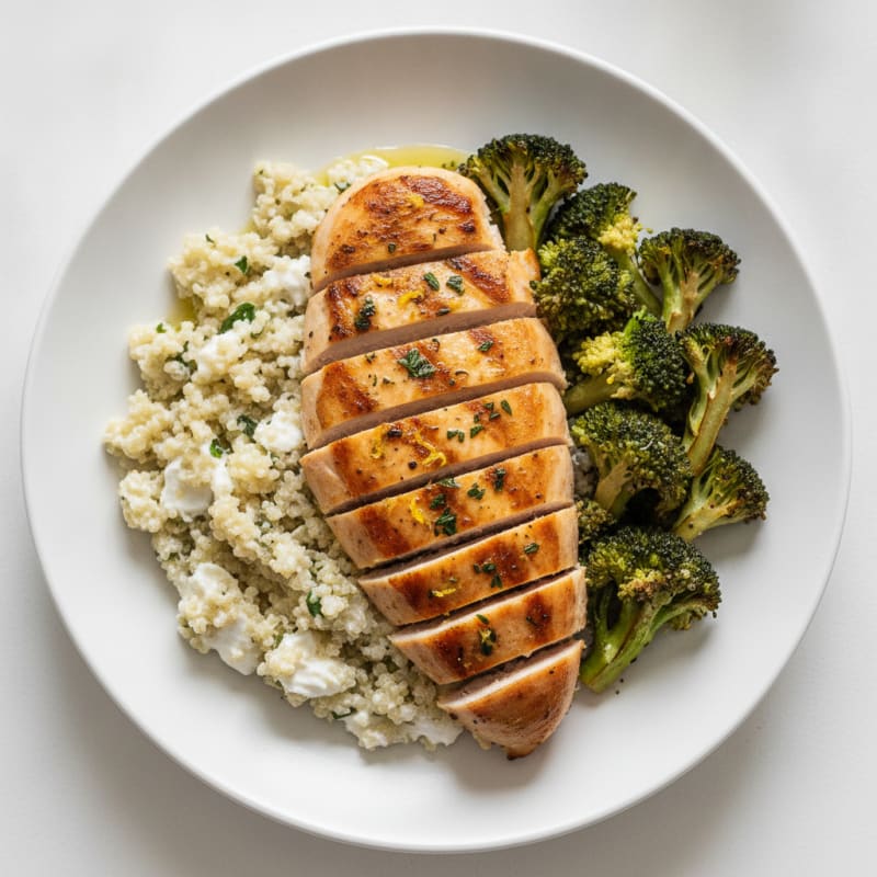 Grilled Chicken Breast with Creamy Quinoa and Roasted Broccoli