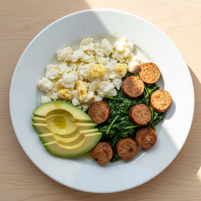 Scrambled Egg Whites with Turkey Sausage and Sautéed Spinach
