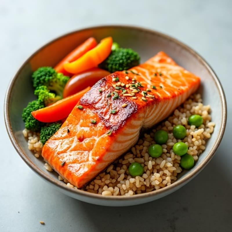 Sesame Salmon and Fresh Vegetable Rice Bowl