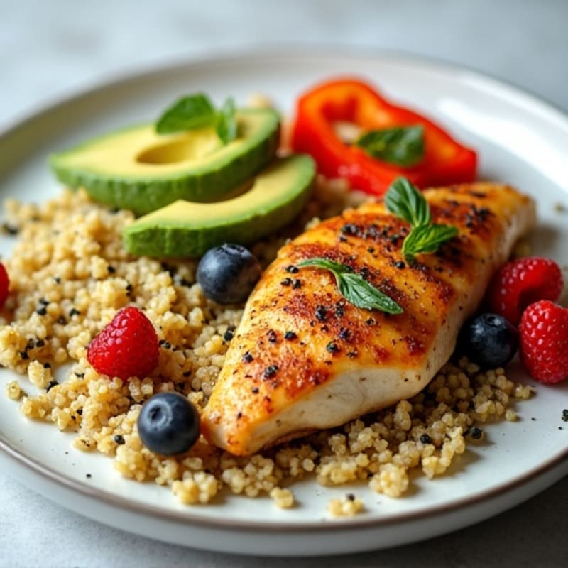Herb-Roasted Chicken Breast with Quinoa, Bell Peppers, Avocado and Mixed Berries