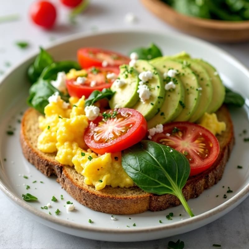 Egg White Scramble with Spinach, Tomato and Creamy Avocado Toast