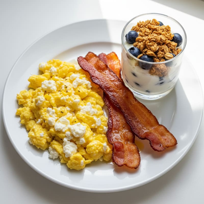 Scrambled Eggs with Cottage Cheese and Blueberry Greek Yogurt Parfait