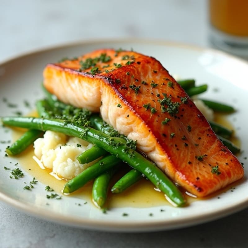 Seared Salmon with Steamed Green Beans and Garlic Mashed Cauliflower