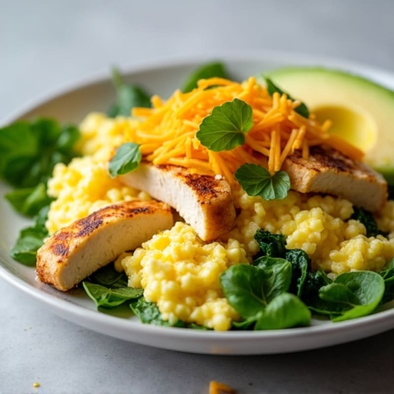 Scrambled Eggs with Spinach and Grilled Chicken