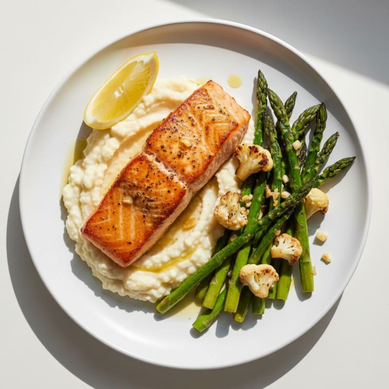 Seared Salmon Filet with Roasted Asparagus and Cauliflower Mash