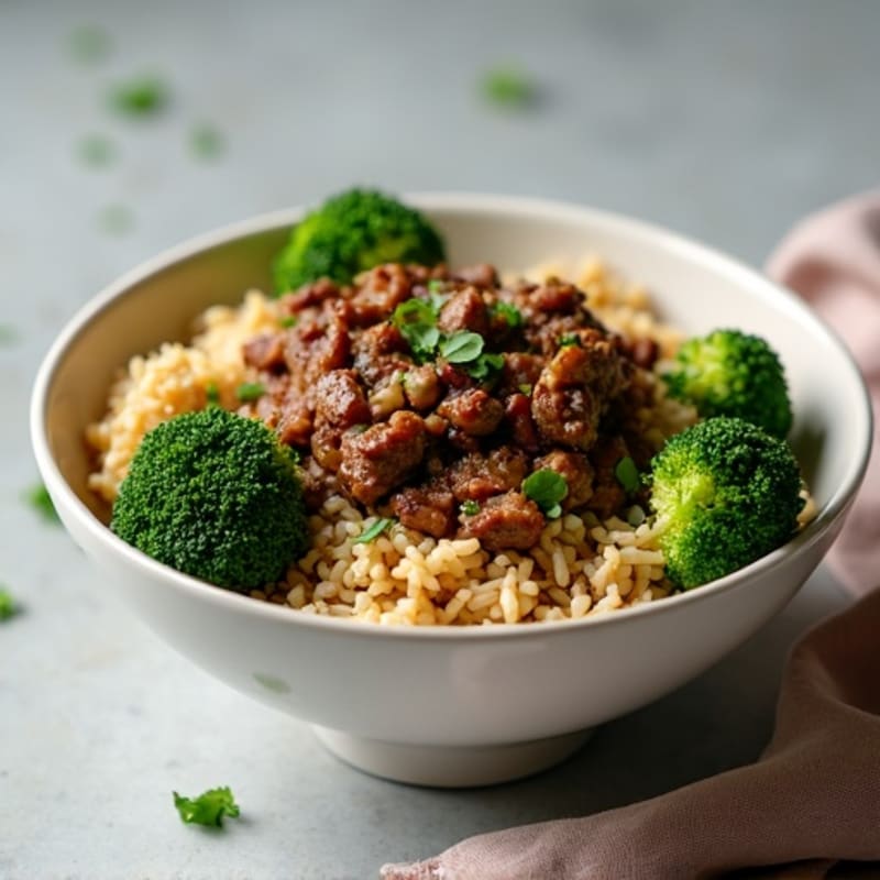 Savory Garlic-Ginger Beef and Crispy Broccoli Rice Bowl