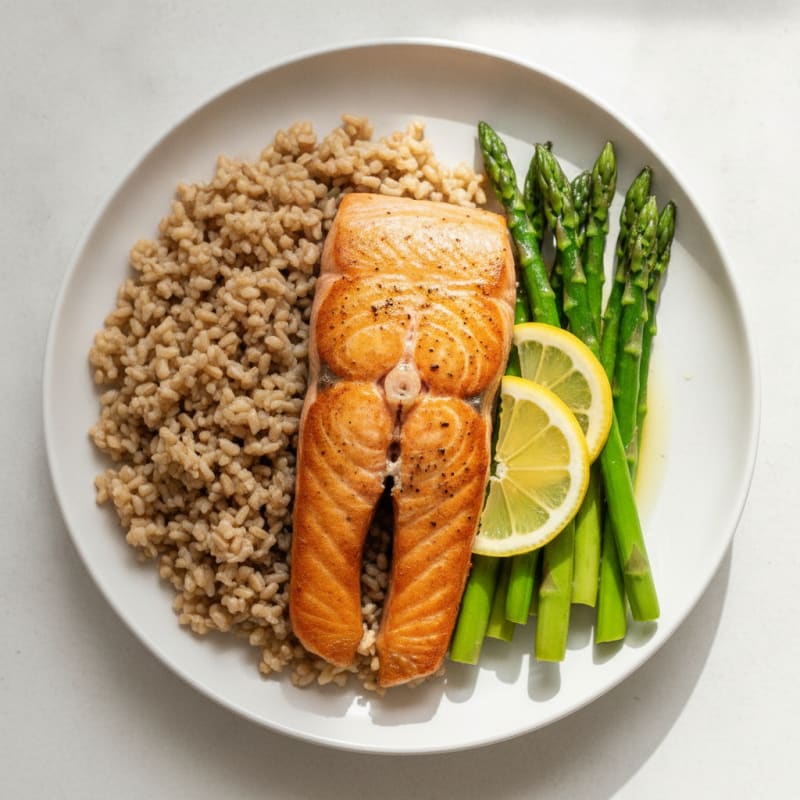 Seared Salmon with Steamed Asparagus and Brown Rice