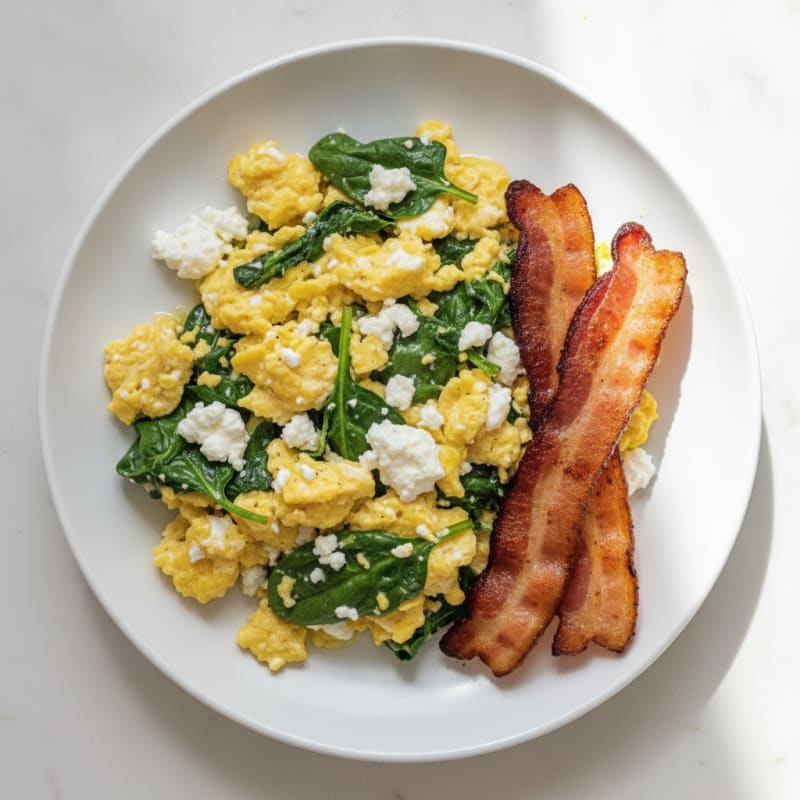 Cottage Cheese Egg Scramble with Spinach and Turkey Bacon